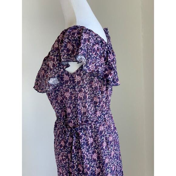 Eberjey Floral Prairie Voile Dress Ruffle Off Shoulder Belted Small Purple - Picture 5 of 11